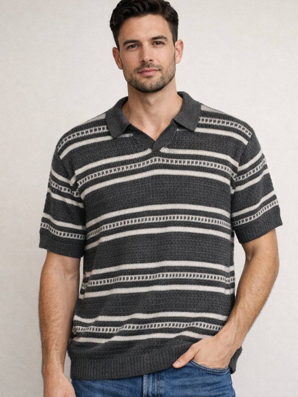 Brave Soul London Striped Knit Collared Shirt – Men’s M